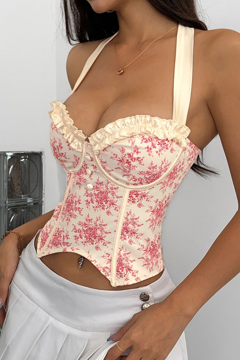 Sexy Ruffle Print Halter Bustier  Halter Top