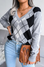 Argyle V-Neck Knit Pullover Sweater