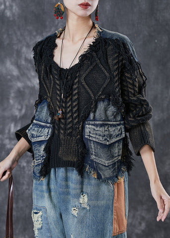 Boutique Schwarz Oversize Patchwork Denim Strick Tops Winter 