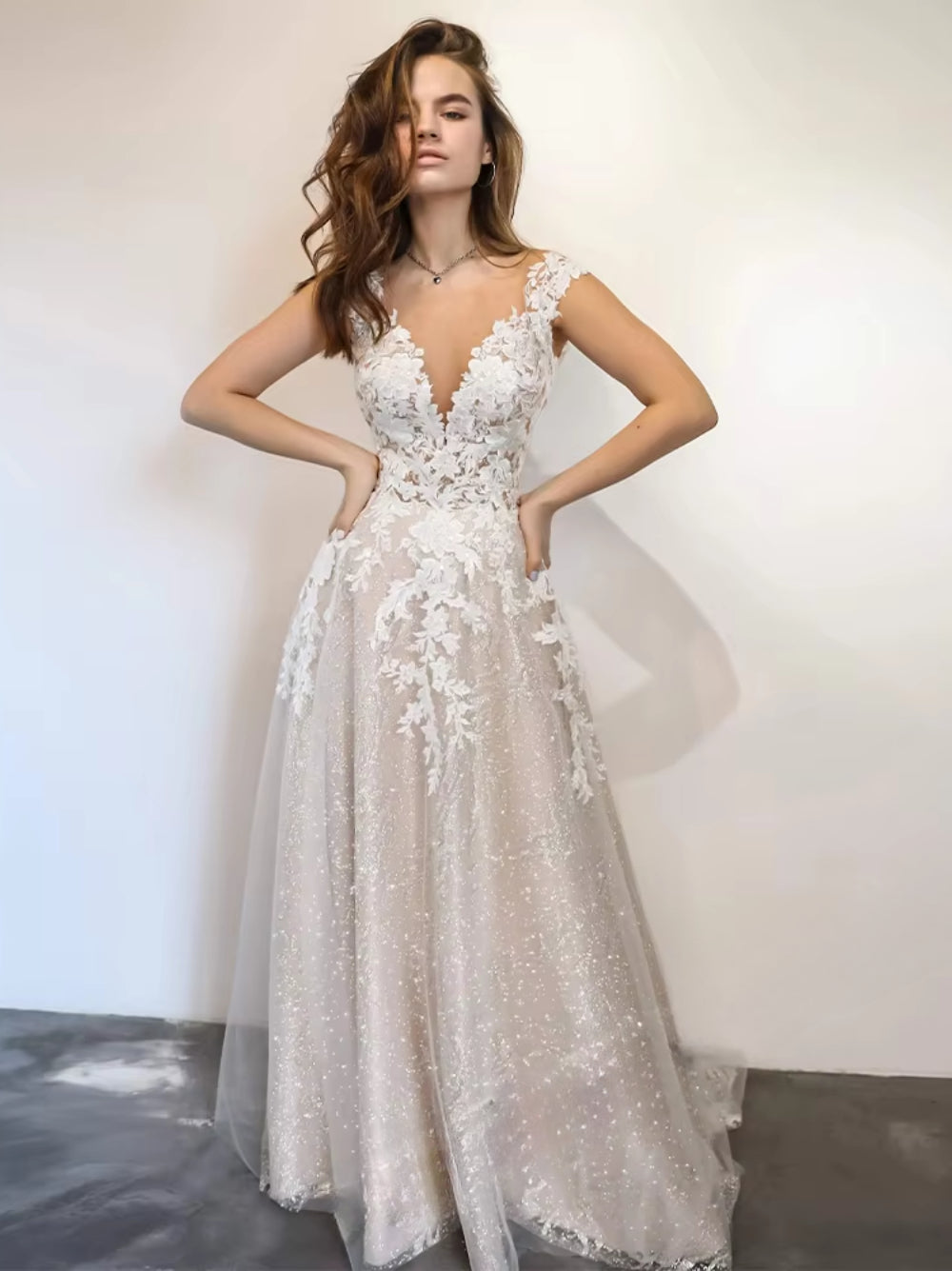 Lace A-line V-neck Sleeveless Sweep Train Wedding Dress, Bridal Gowns