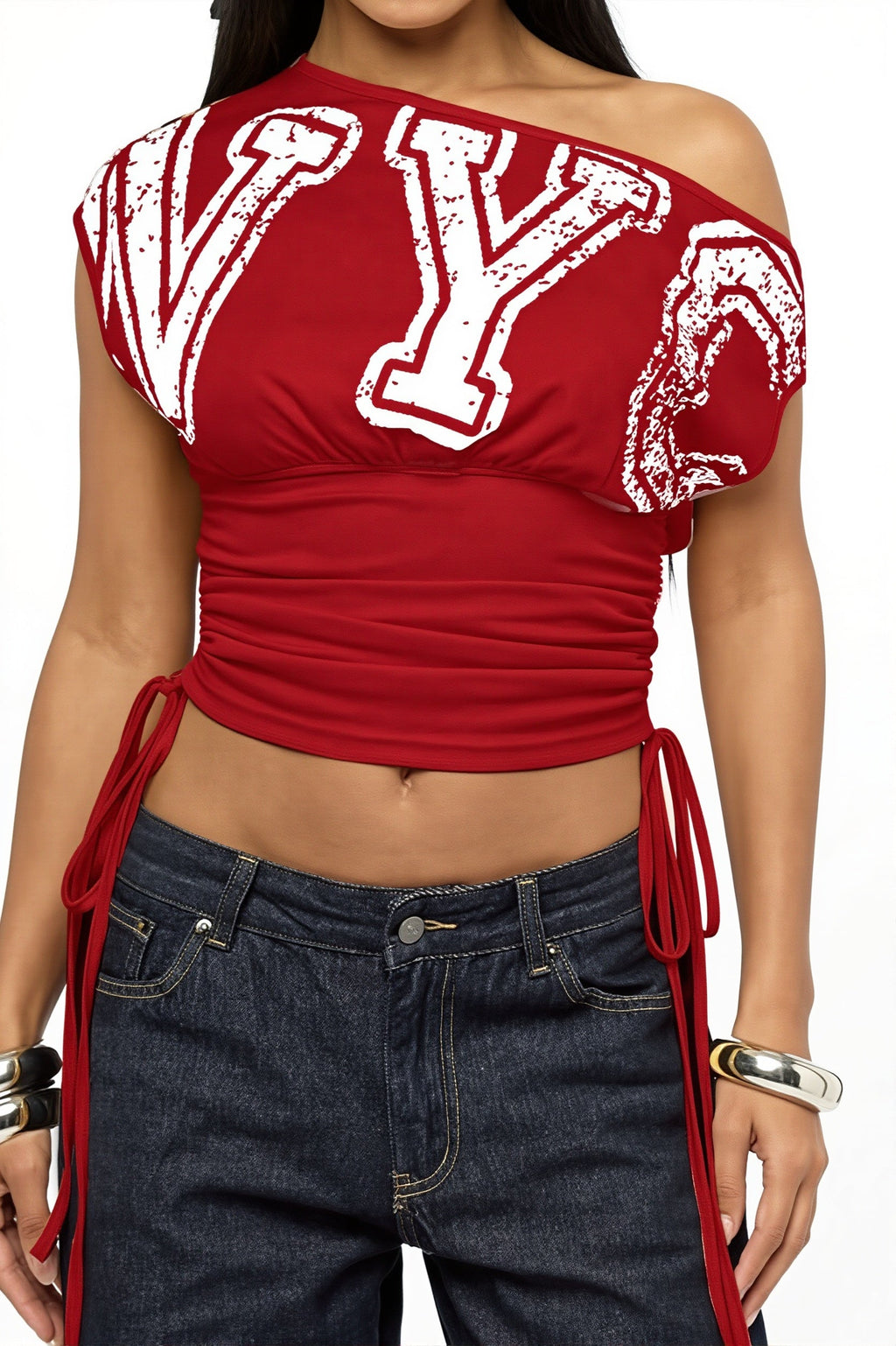 Shoulder Cutout Ruched Letter T-shirt