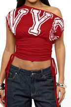Shoulder Cutout Ruched Letter T-shirt