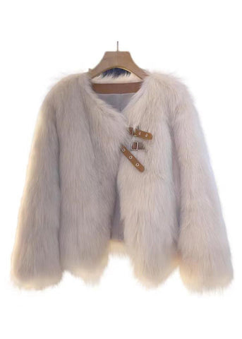 Frauen Kaffee Knopf Leder und Pelz Mantel Langarm 