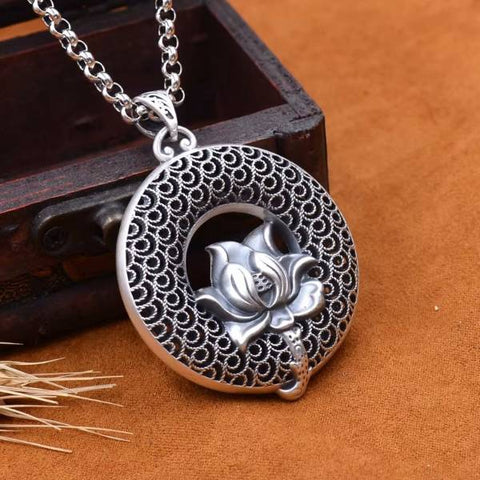 Sterling Silver Lotus Flower Well-Being Pendant Necklace