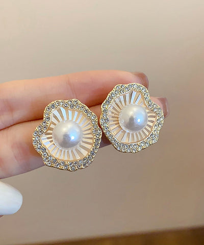 Pendientes de aleación de circonita y perla estilo champán 