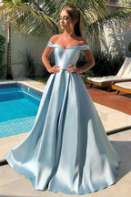 Langes, schulterfreies, blaues Ballkleid in A-Linie