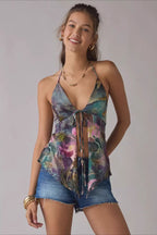 Chiffon Tie Halter Ruffle Blouse