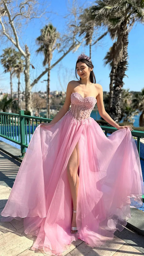 Applique Evening Prom Dresses A-Line Slit Formal Gown