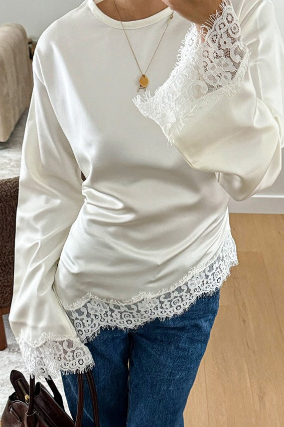 Lace Panel Solid Casual Blouse