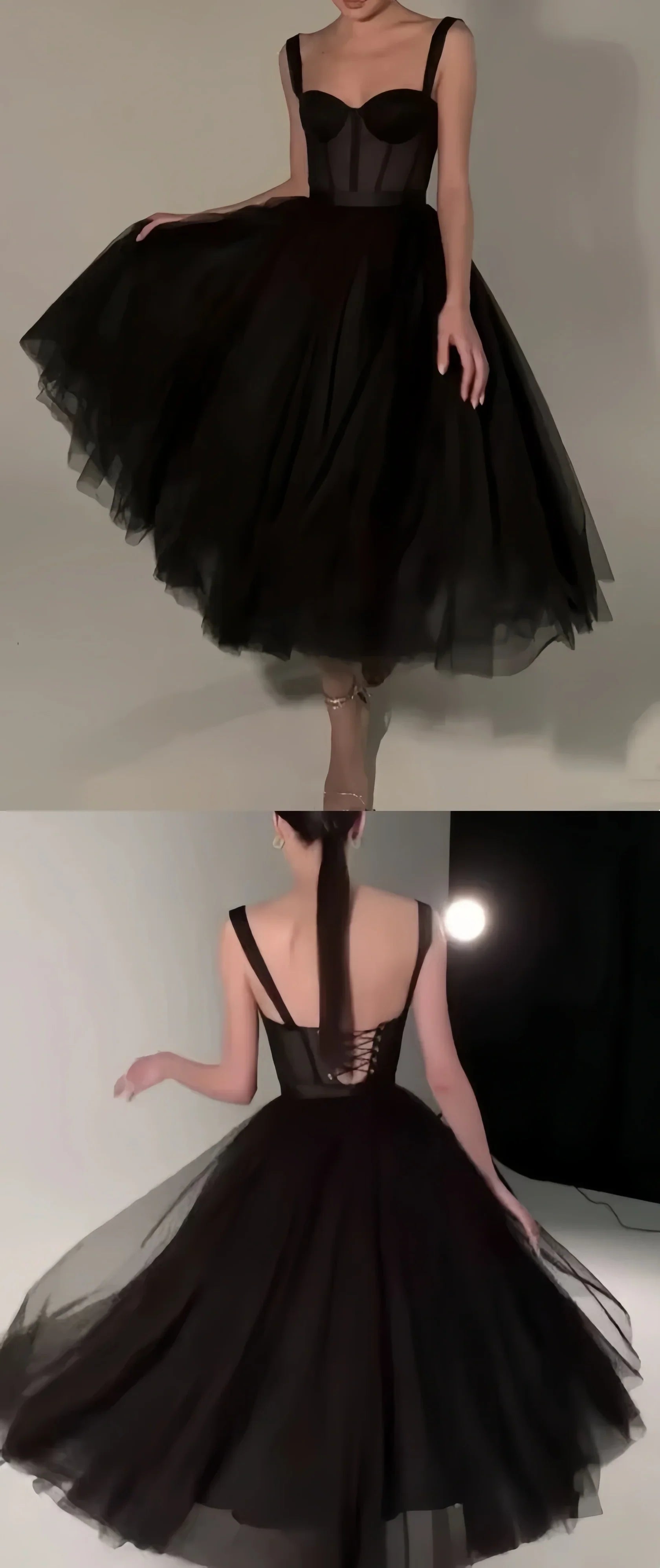 Vestido Midi de Tul Vestido de Fiesta Negro Vestidos Formales de Noche Corte A