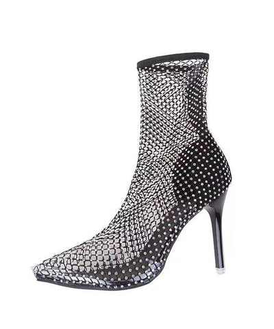 Botas de tacón de aguja con circón para mujer, negras, ahuecadas y transpirables 