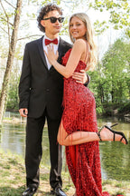 Mermaid Spaghetti Straps Red Sequins Long Prom Dress with Split Front