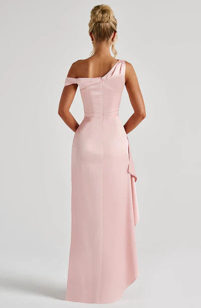Lightweight Satin Maxi Dress Asymmetric Draped Neckline Ruched Waist Thigh-High Slit Bodice