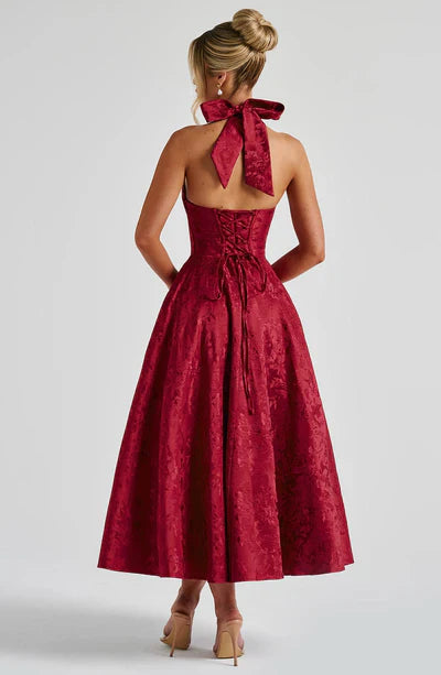 Tüll-Midi-Ballkleid mit tiefem Neckholder-Ausschnitt und Bindebändern am Rücken, floralem Jacquardmuster