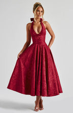 Tüll-Midi-Ballkleid mit tiefem Neckholder-Ausschnitt und Bindebändern am Rücken, floralem Jacquardmuster