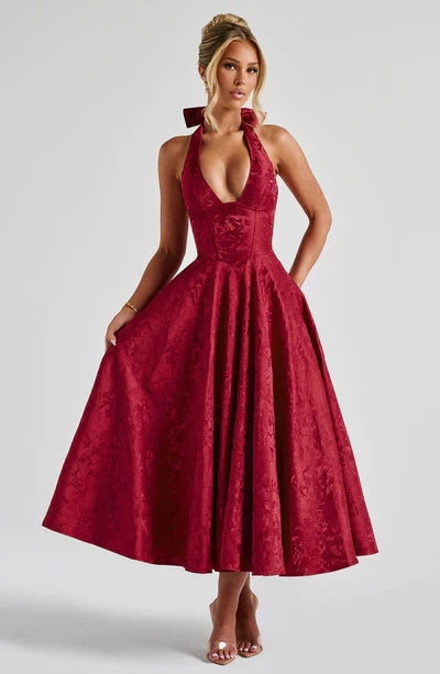 Tüll-Midi-Ballkleid mit tiefem Neckholder-Ausschnitt und Bindebändern am Rücken, floralem Jacquardmuster