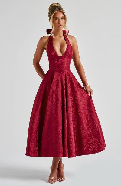 Tüll-Midi-Ballkleid mit tiefem Neckholder-Ausschnitt und Bindebändern am Rücken, floralem Jacquardmuster