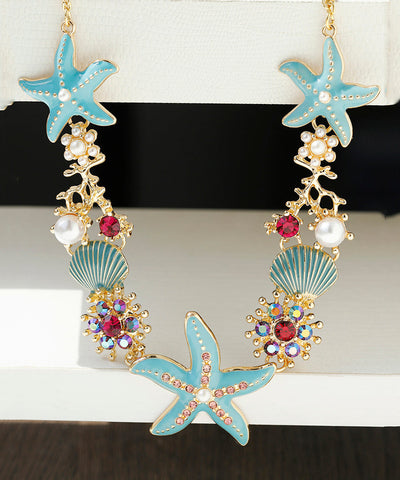 Collar con colgante de concha y perla de circonita esmaltada y sobredorada en plata de ley azul de moda 