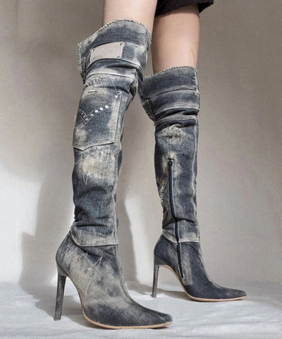 Botas altas hasta la rodilla de mezclilla puntiagudas de estilo americano para chica picante 