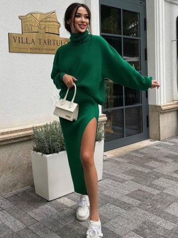 Conjuntos de dos piezas de punto suelto para mujer, conjuntos casuales de suéter de cuello alto y falda midi para otoño e invierno, conjuntos a juego para mujer 2023 