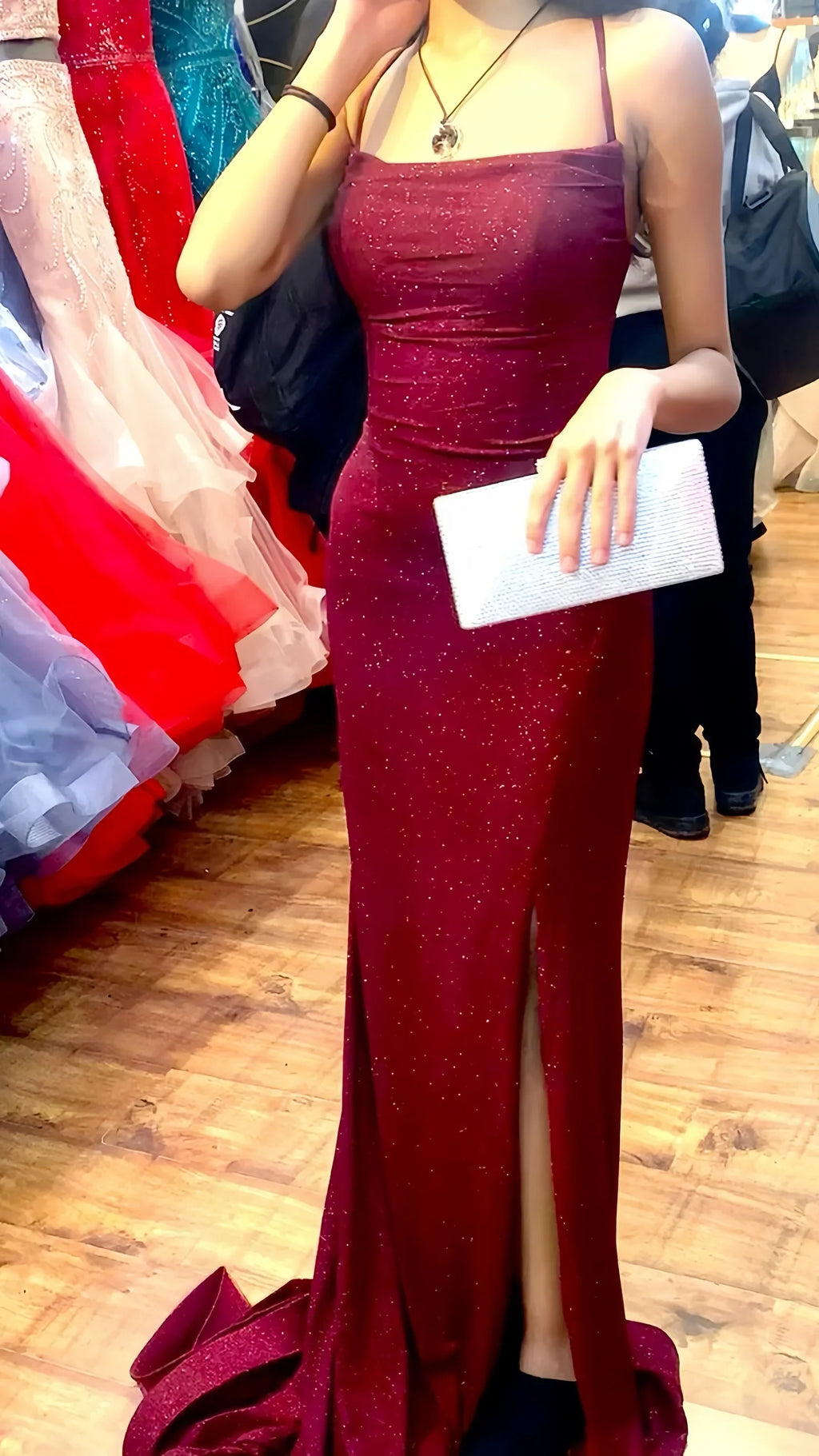 Glitzer Meerjungfrau geteiltes Abschlussballkleid