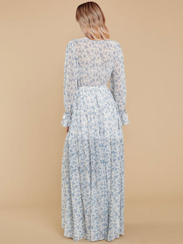 Maxi Dress V-Neck Long Sleeves Casual Floral Print Long Dress