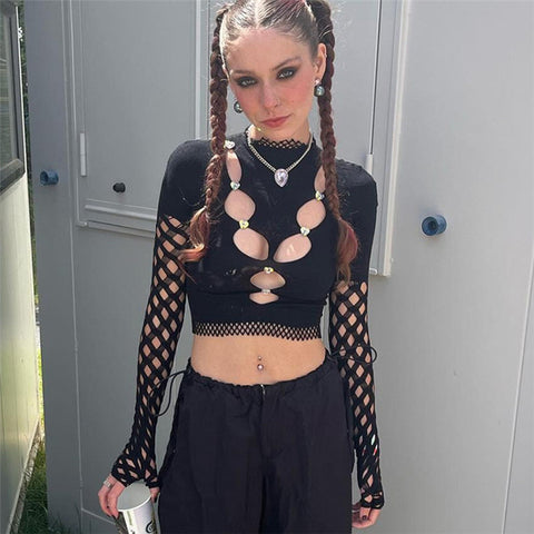 TARUXY - Tops cortos de encaje transparente para mujer, novedad de 2023, camiseta de manga larga con diamantes calados, ropa de calle, top elástico ajustado transparente Y2k 