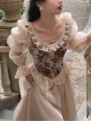 French Vintage Midi Dress Women Floral Patchwork Puff Sleeve Ruffles A-line Autumn Spring Evening Party Prom Robe Vestidos Mujer