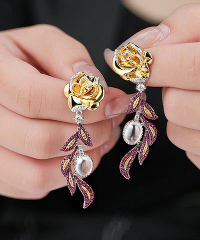 Beautiful Colorblock Sterling Silver Overgild Zircon Jade Floral Drop Earrings