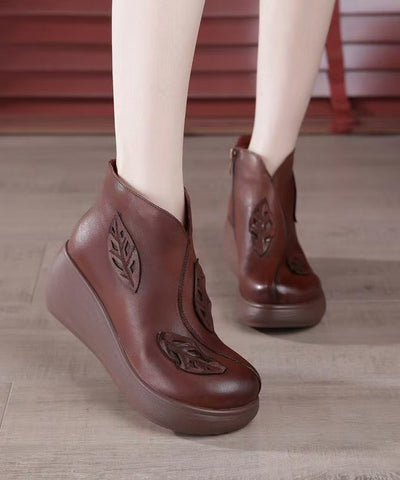 Botines de cuña hechos a mano en piel de vacuno marrón 