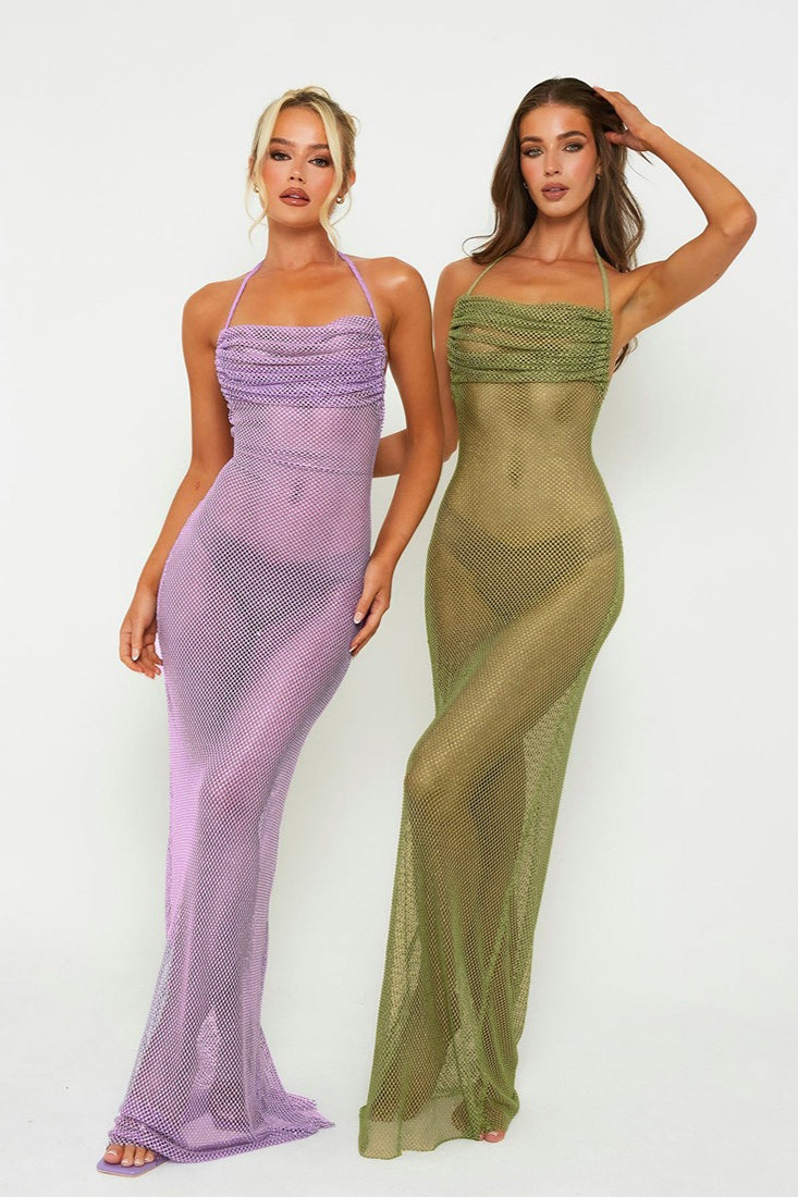 Halter Tie Cutout Back Ruched Solid Bodycon Maxi Dress