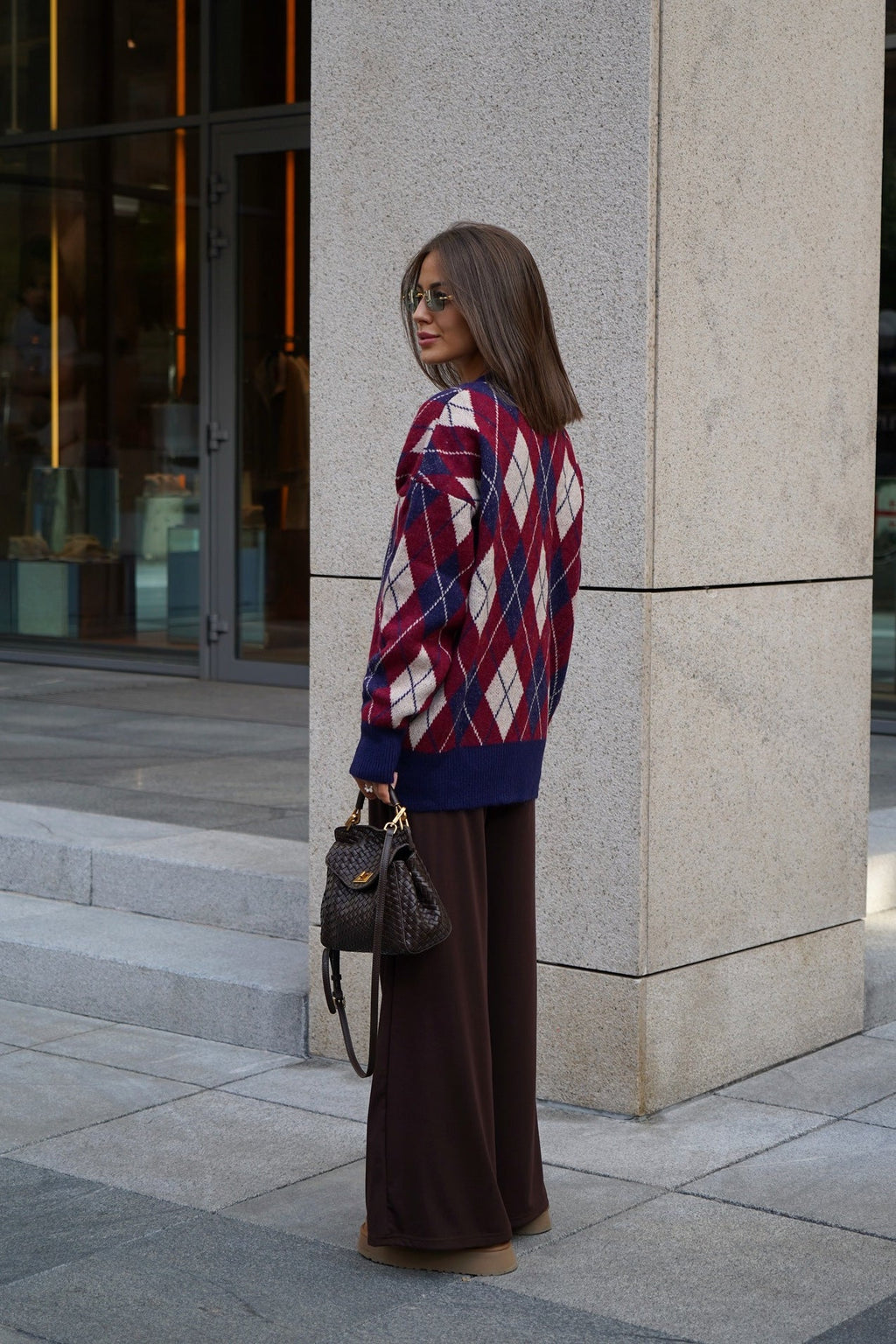 Thick Plaid V Neck Loose Long Sleeve Knit Cardigan