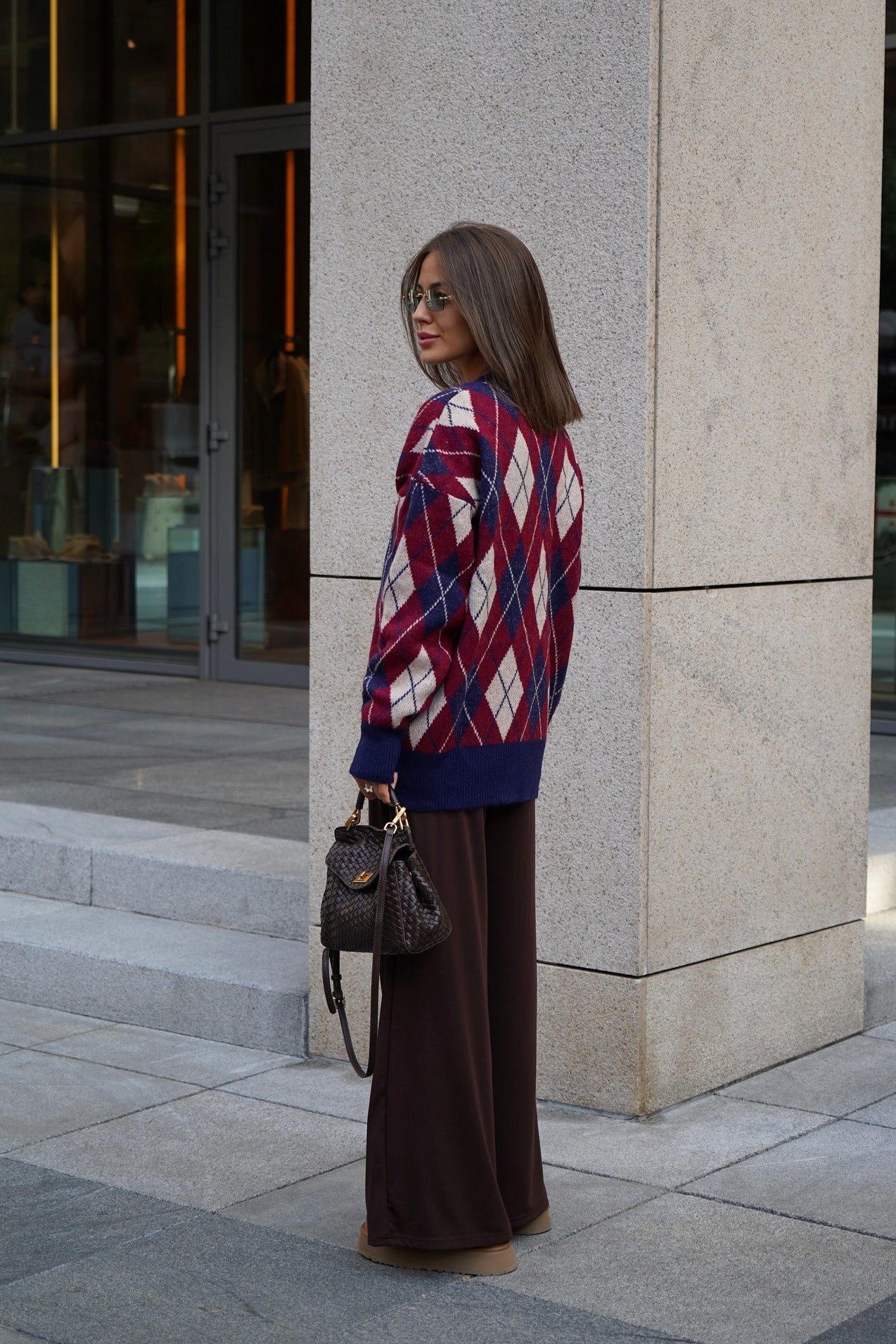 Thick Plaid V Neck Loose Long Sleeve Knit Cardigan