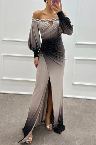 Vestido largo Julieta con escote barco, hombros descubiertos, abertura y detalle de gemas con estampado degradado