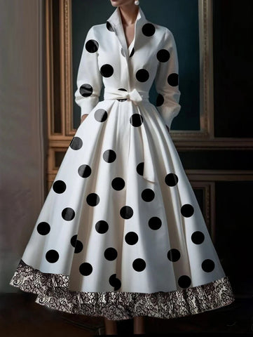 Polka Dot Lace Patchwork Belt Pocket Midi Dress