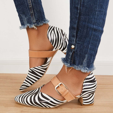 Block Low Heel Mary Jane Pumps Pointed Toe Buckle Dress Shoes
