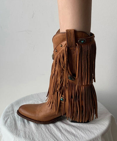 Boho Splicing Chunky Cowgirl Stiefel Quaste Rindsleder 