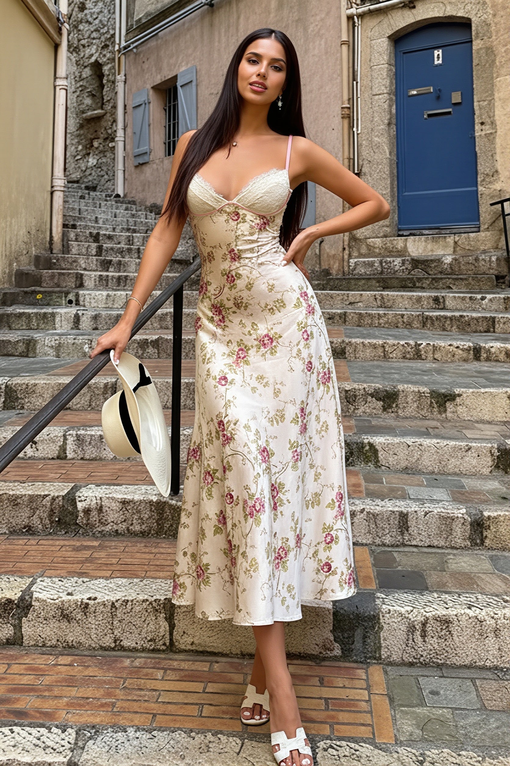 Satin Lace Floral Printed Cami Maxi Dress