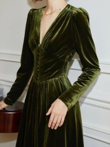 Vestido midi de terciopelo para mujer, vestido de fiesta vintage francés de manga larga con corte en A, vestido de otoño y primavera liso informal para graduación, vestidos para mujer, nuevo 