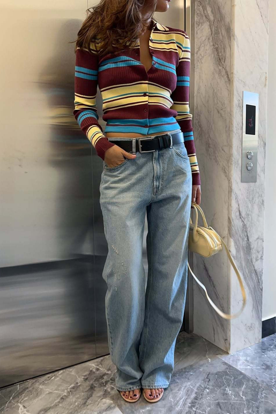Button Front Stripe Retro Collar Slim Long Sleeve Knit Cardigan