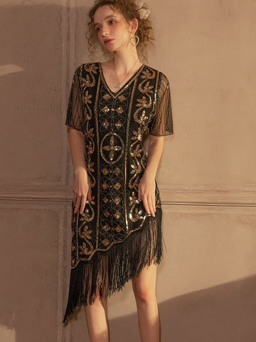 Retro Paillettenkleid V-Ausschnitt Fransen Transparente Ballkleider 