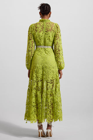 Vestido midi de manga larga con bordado de encaje verde 