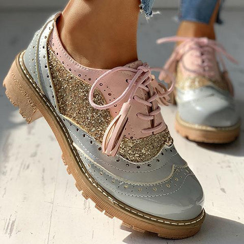 Vintage Oxford Brogues Chunky Block Heel Shoes Lace-up Pumps