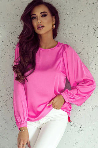 elegant pink satin puff sleeve blouse