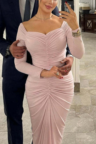 Elegant Beauty gerüschtes, schulterfreies, langärmliges, drapiertes Maxikleid 