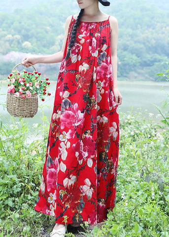 Vestidos largos de verano sin mangas, 100 % lino rojo con estampado floral 