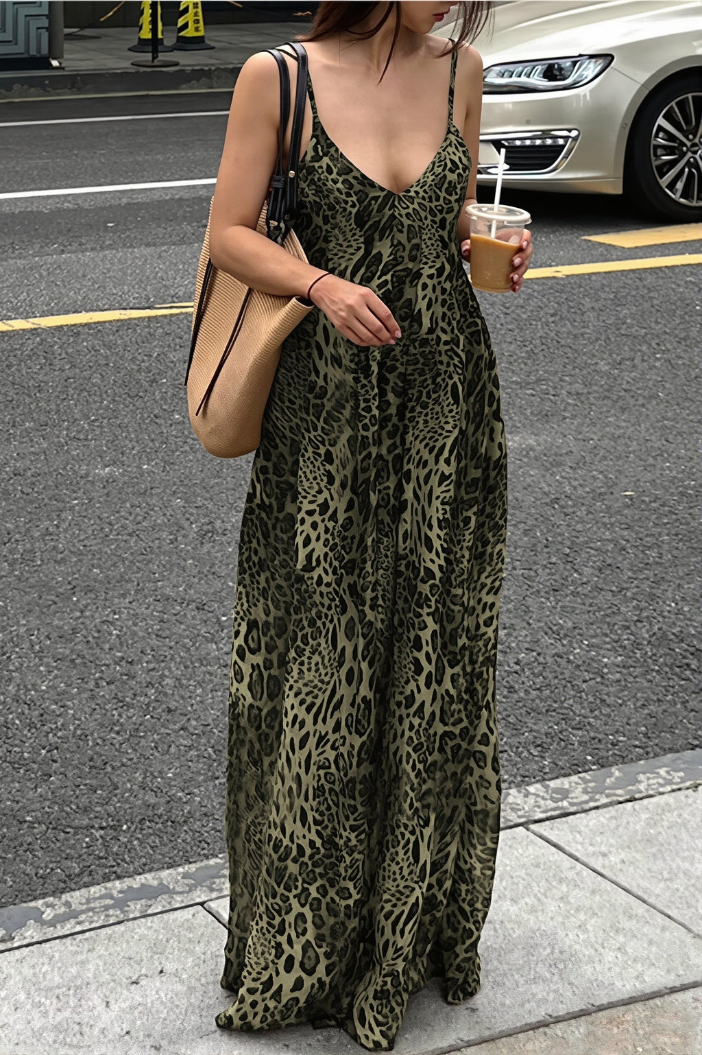 Leopard Print V Neck Backless Cami Vacation Maxi Dress