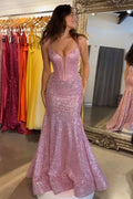 Glitzerndes, pinkfarbenes Meerjungfrauen-Abendkleid mit Spaghettiträgern und langer Perlenstickerei