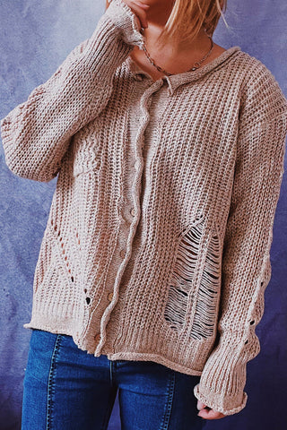 Cárdigan informal de cuello redondo con rotos y lisos (3 colores) 