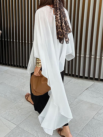 Capelet High-Low See-Through Solid Color Round-Neck Blouses&Shirts Tops